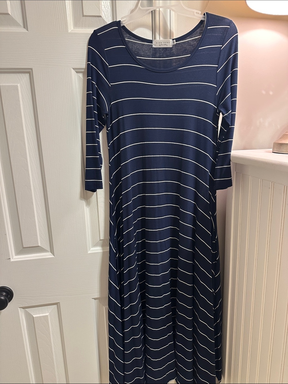Navy and White Striped Midi Dress with 3/4 Sleeves